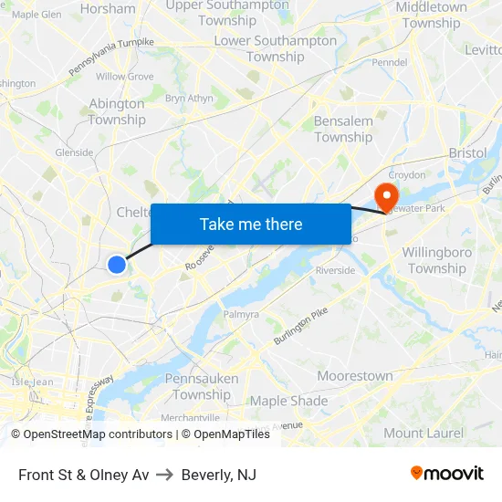 Front St & Olney Av to Beverly, NJ map