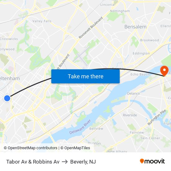 Tabor Av & Robbins Av to Beverly, NJ map