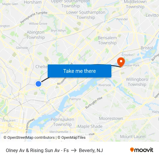 Olney Av & Rising Sun Av - Fs to Beverly, NJ map