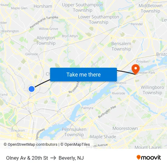Olney Av & 20th St to Beverly, NJ map
