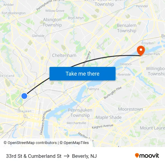 33rd St & Cumberland St to Beverly, NJ map