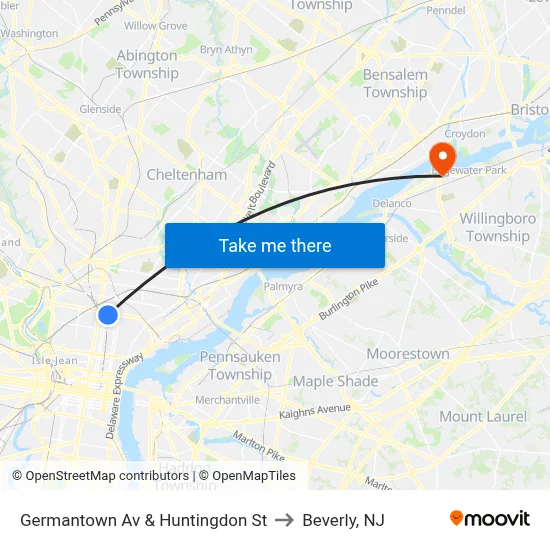 Germantown Av & Huntingdon St to Beverly, NJ map