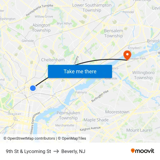 9th St & Lycoming St to Beverly, NJ map