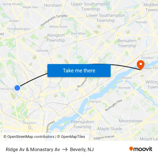 Ridge Av & Monastary Av to Beverly, NJ map