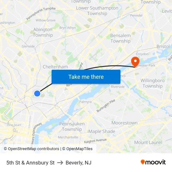 5th St & Annsbury St to Beverly, NJ map