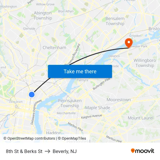 8th St & Berks St to Beverly, NJ map