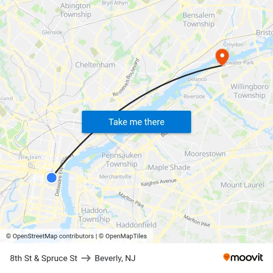 8th St & Spruce St to Beverly, NJ map