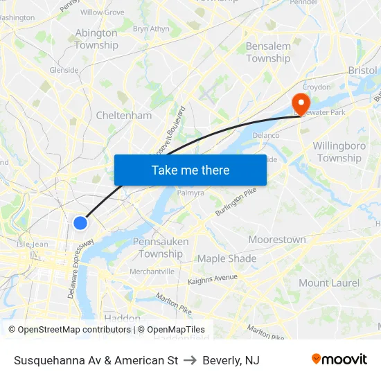 Susquehanna Av & American St to Beverly, NJ map