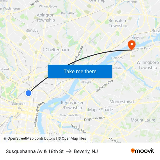 Susquehanna Av & 18th St to Beverly, NJ map
