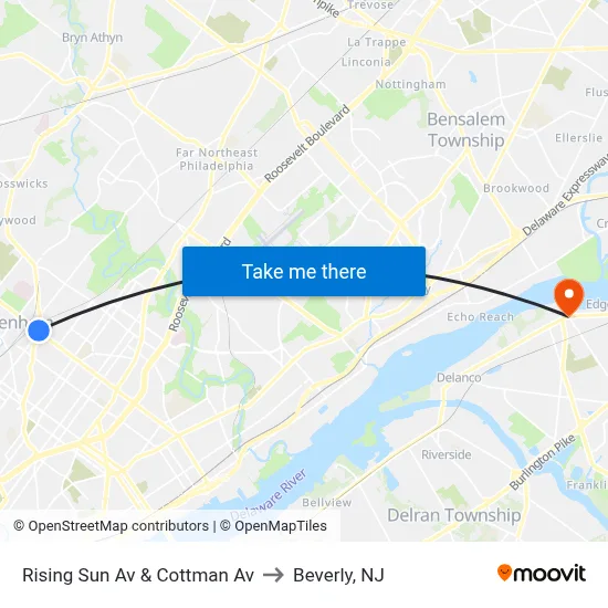 Rising Sun Av & Cottman Av to Beverly, NJ map