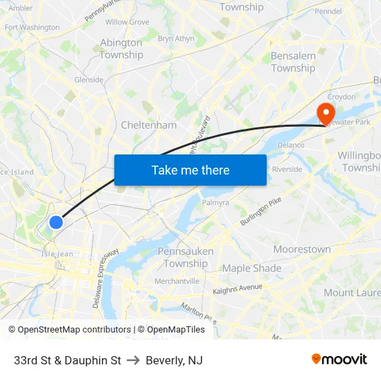 33rd St & Dauphin St to Beverly, NJ map