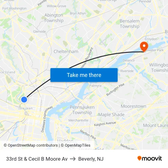 33rd St & Cecil B Moore Av to Beverly, NJ map