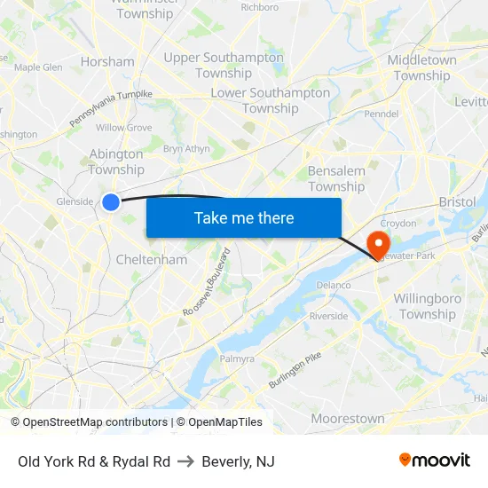Old York Rd & Rydal Rd to Beverly, NJ map