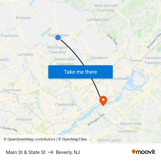 Main St & State St to Beverly, NJ map
