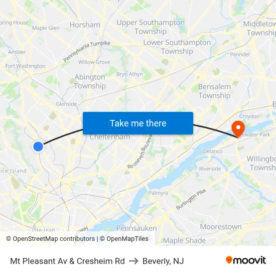 Mt Pleasant Av & Cresheim Rd to Beverly, NJ map