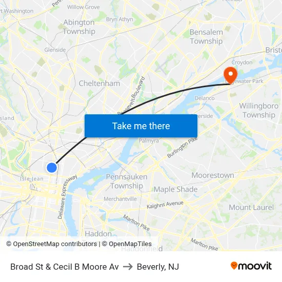 Broad St & Cecil B Moore Av to Beverly, NJ map