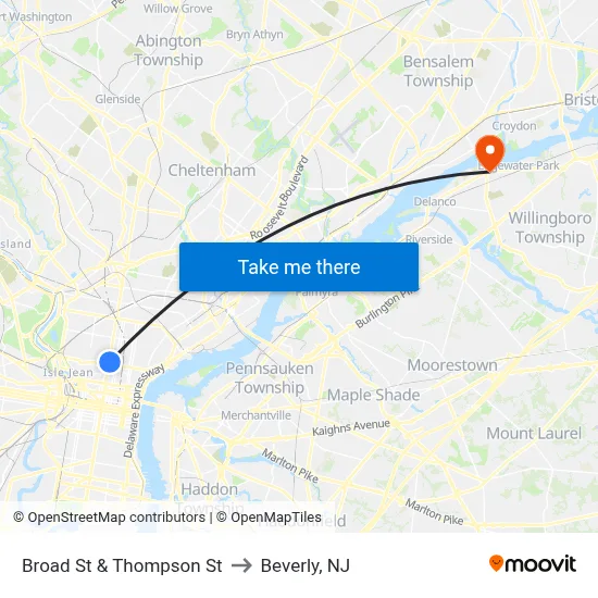 Broad St & Thompson St to Beverly, NJ map