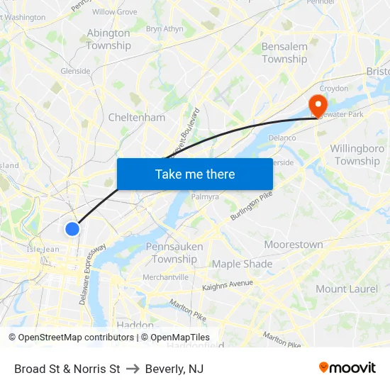 Broad St & Norris St to Beverly, NJ map
