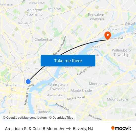 American St & Cecil B Moore Av to Beverly, NJ map