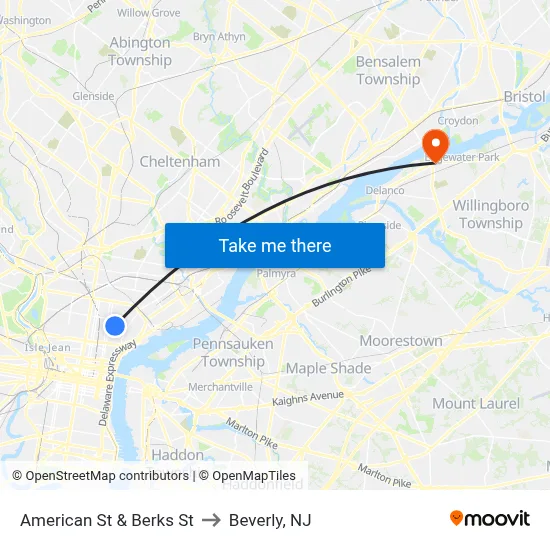 American St & Berks St to Beverly, NJ map