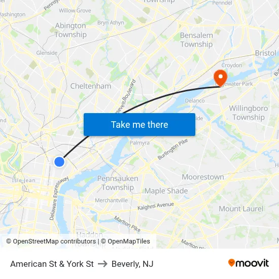 American St & York St to Beverly, NJ map