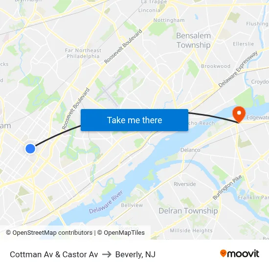 Cottman Av & Castor Av to Beverly, NJ map