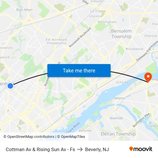 Cottman Av & Rising Sun Av - Fs to Beverly, NJ map