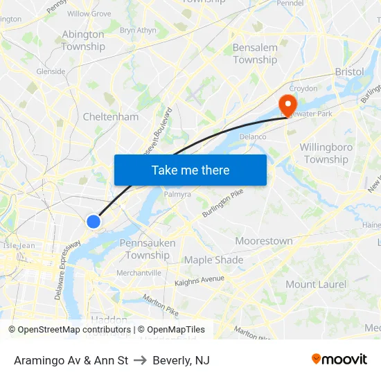 Aramingo Av & Ann St to Beverly, NJ map