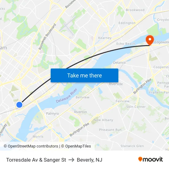 Torresdale Av & Sanger St to Beverly, NJ map