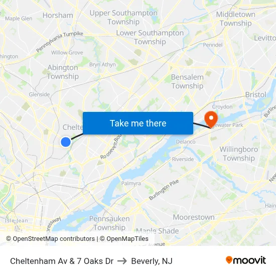 Cheltenham Av & 7 Oaks Dr to Beverly, NJ map
