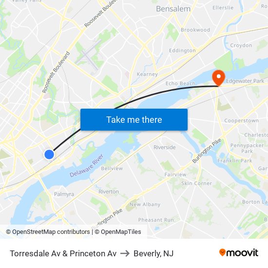 Torresdale Av & Princeton Av to Beverly, NJ map