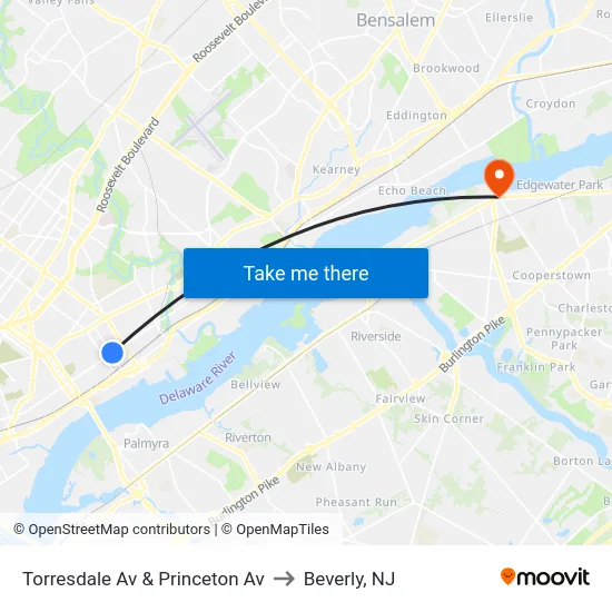 Torresdale Av & Princeton Av to Beverly, NJ map