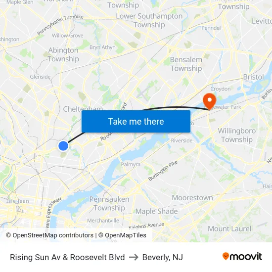 Rising Sun Av & Roosevelt Blvd to Beverly, NJ map
