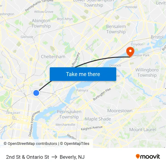 2nd St & Ontario St to Beverly, NJ map