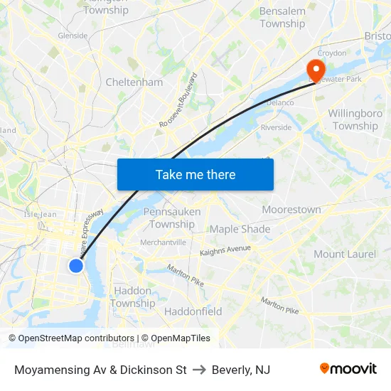 Moyamensing Av & Dickinson St to Beverly, NJ map