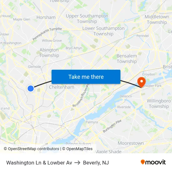 Washington Ln & Lowber Av to Beverly, NJ map