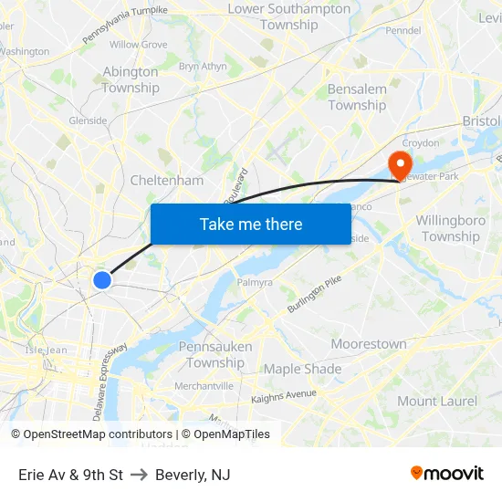Erie Av & 9th St to Beverly, NJ map