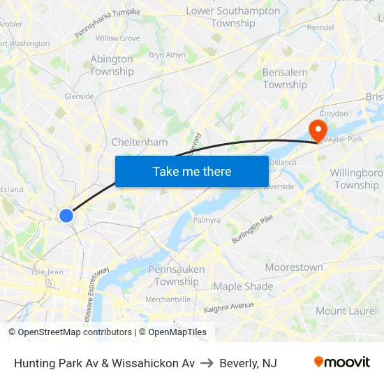 Hunting Park Av & Wissahickon Av to Beverly, NJ map