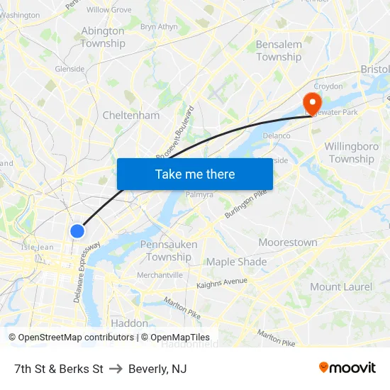 7th St & Berks St to Beverly, NJ map