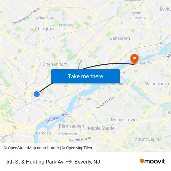 5th St & Hunting Park Av to Beverly, NJ map