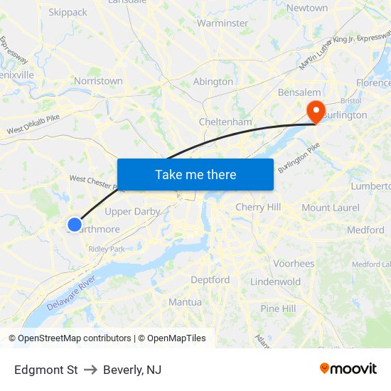 Edgmont St to Beverly, NJ map