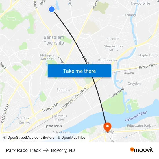 Parx Race Track to Beverly, NJ map