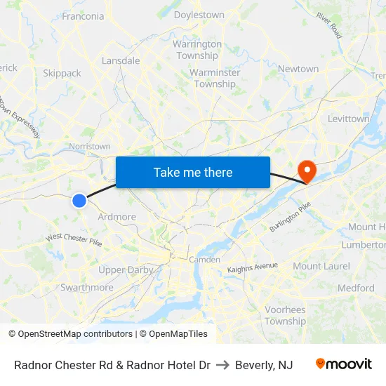 Radnor Chester Rd & Radnor Hotel Dr to Beverly, NJ map