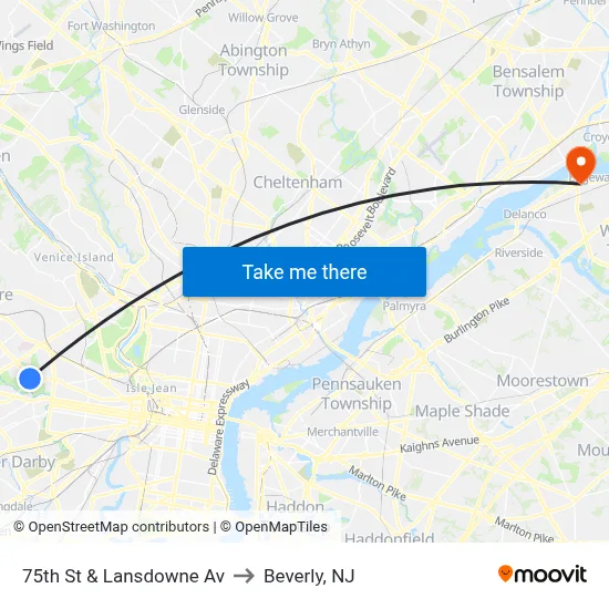 75th St & Lansdowne Av to Beverly, NJ map