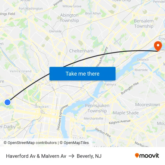 Haverford Av & Malvern Av to Beverly, NJ map