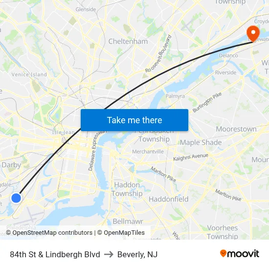 84th St & Lindbergh Blvd to Beverly, NJ map