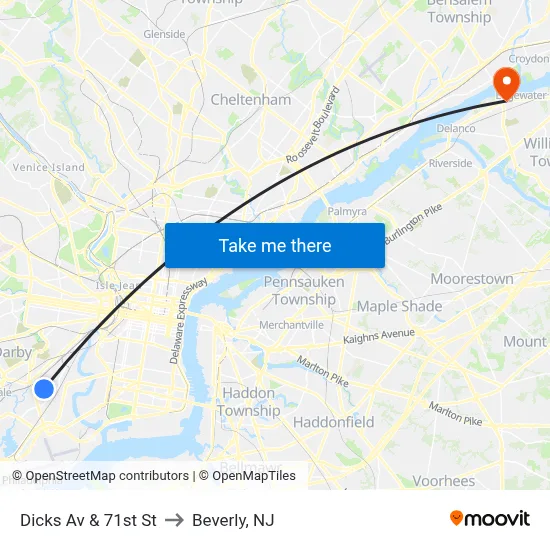 Dicks Av & 71st St to Beverly, NJ map