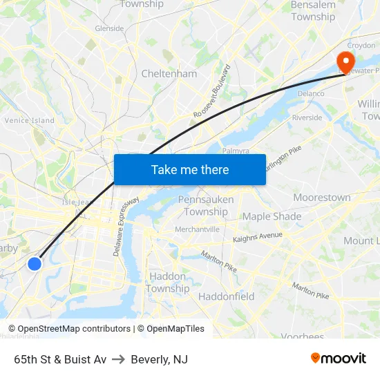 65th St & Buist Av to Beverly, NJ map
