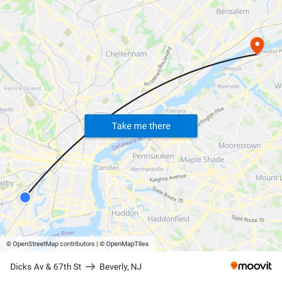 Dicks Av & 67th St to Beverly, NJ map