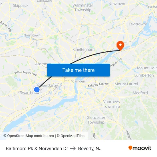 Baltimore Pk & Norwinden Dr to Beverly, NJ map